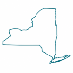 Outline map of New York State with Long Island on a white background, showing state boundaries and coastlines.