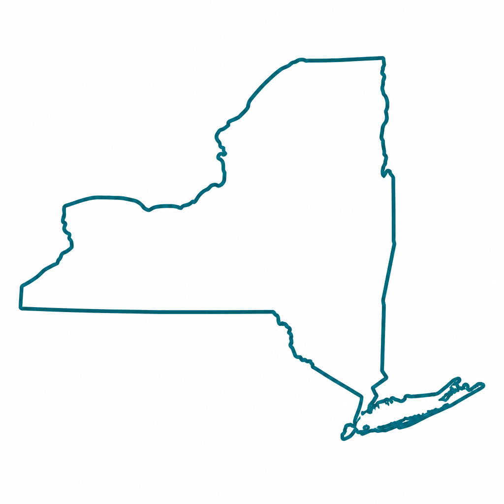 Outline map of New York State with Long Island on a white background, showing state boundaries and coastlines.